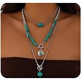 Quivox Boho Western Necklaces for Women Vintage Turquoise Beaded Layered Necklaces Cowboy Hat Cow Head Pendant Necklace Set Cowgirl Jewelry Accessories