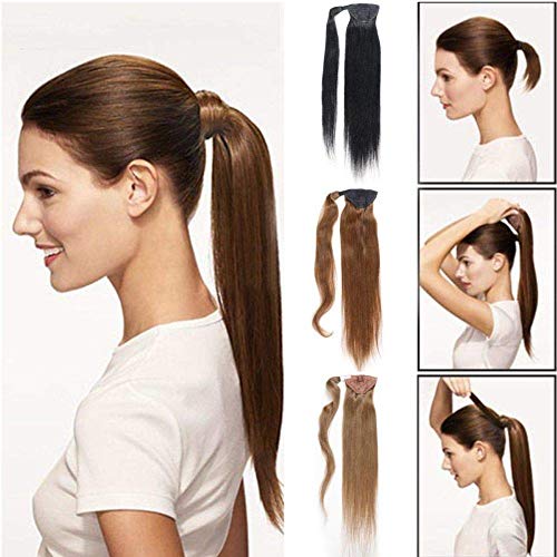 Remeehi Real Human Hair Ponytail Extensions Straight Clip in Wrap Around Hair Pony Tails 16inch (80g 8/613#)