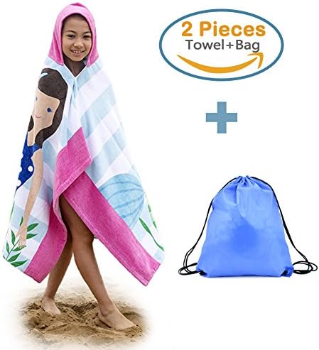 100% Cotton Hooded Beach Bath Towel and Bag Set Large for Girls / Poncho Swim Beach Bath Towel Mermaid Pattern 4-14 Years