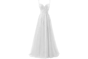 YUAOHUANG Lace Applique Tulle Prom Dresses for Women 2025 Spaghetti Straps Ball Gown Formal Evening Party Gown with Slit