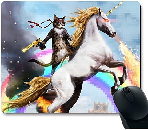 Mouse Pad Funny Cute Cat Dressed as Rambo with Gun Riding a Glowing Red Eyes Fire Breathing Unicorn Customized Non-Slip Rubber Mousepad Gaming Mouse Pad
