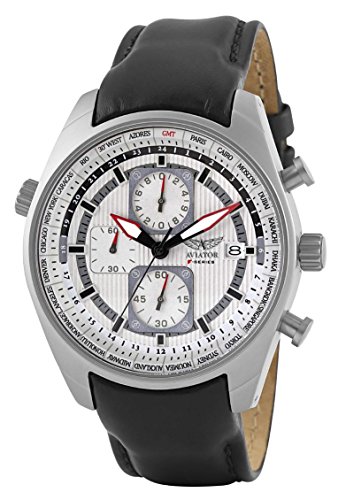 Aviator Watch Men's Military Quartz Pilot Chronograph Black Leather Strap Wristwatch F-Series AVW1900G243