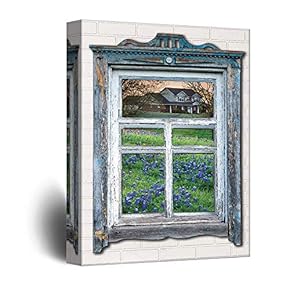 Canvas Wall Art Rustic View Through Vintage Window Theme Painting Artwork for Home Prints Framed - 12x18 inches