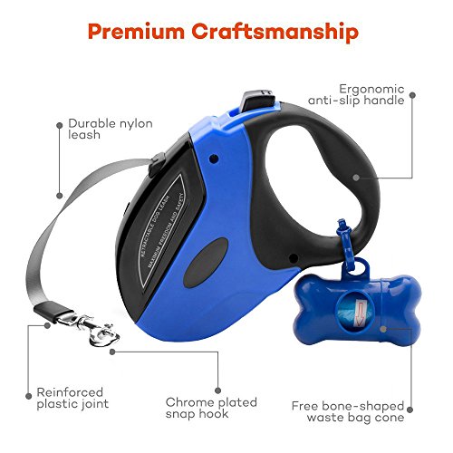 Rantizon Retractable Dog Leash, 16ft(5m) Nylon Ribbon Dog Walking Leash for Dog Up to 110lbs/50kg Heavy Duty, Tangle Free, One Button Brake & Lock Pet Lead Hand Grip, Dog Waste Bags Included