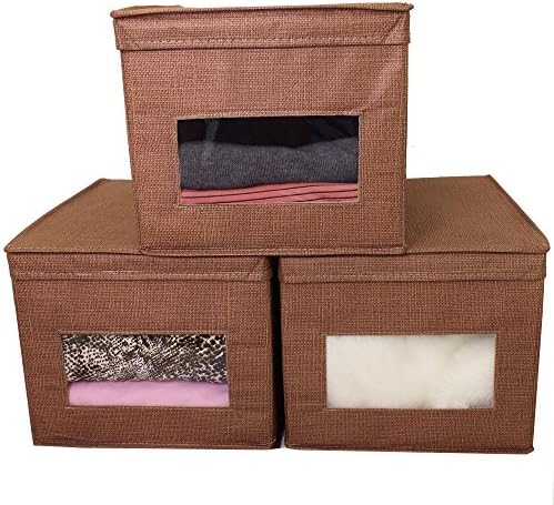 Paylak 3-Pack Storage Box with Lid Large Closet Organizer See Through Window for Clothing Linens Handbags (Linen - Set of 3)