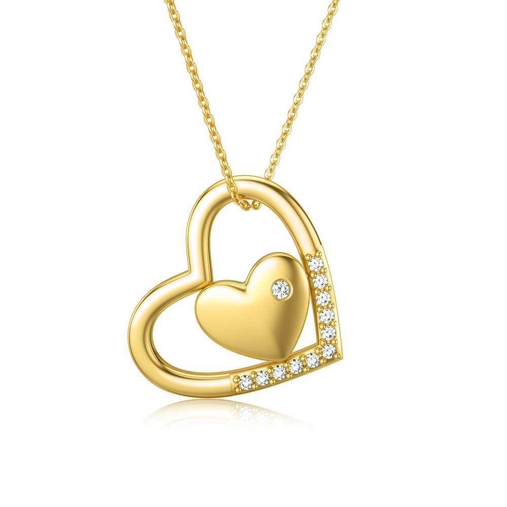 SISGEM 9 ct Gold Heart Necklace, Solid Yellow Gold Double Heart Pendant Necklace, for Women Girls Ladies Mum Sisters, 16"+1"+1"