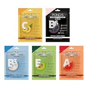 POND’S Vitamin Sheet Mask, Pack of 5, With 100% Natural Extracts, 15x Serum,  Paraben Free, Biodegradable Fabric, 25 ml