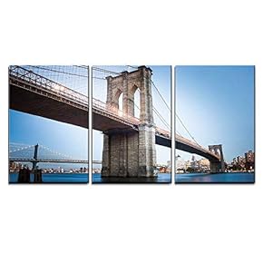 3 Piece Canvas Wall Art - Brooklyn Bridge in New York City - Modern Home Art Stretched and Framed Ready to Hang - 16"x24"x3 Panels