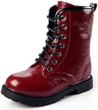 DADAWEN Boy's Girl's Combat Lace-Up Side Zipper Mid Calf Boots Dark Red US Size 13 M Little Kid