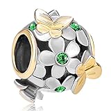 Pugster 22K Gold Plated Peridot Green Flower Golden Butterfly Charm Bead Fits Pandora Bracelet (Green)
