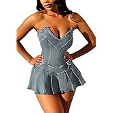 SHINFY Women Summer Denim Dresses Sexy Off Shoulder Strapless Bustier Corset Tube Pleated Mini Jean Dress