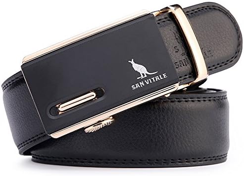 Belts Men SAN VITALE Men Luxury Designer Waist Belt Casual Reversible Buckle with Automatic Ratchet Leather Elastic Mens Belts Harness 35mm Wide 1 3/8" Gold Buckle Belt 120cm Size