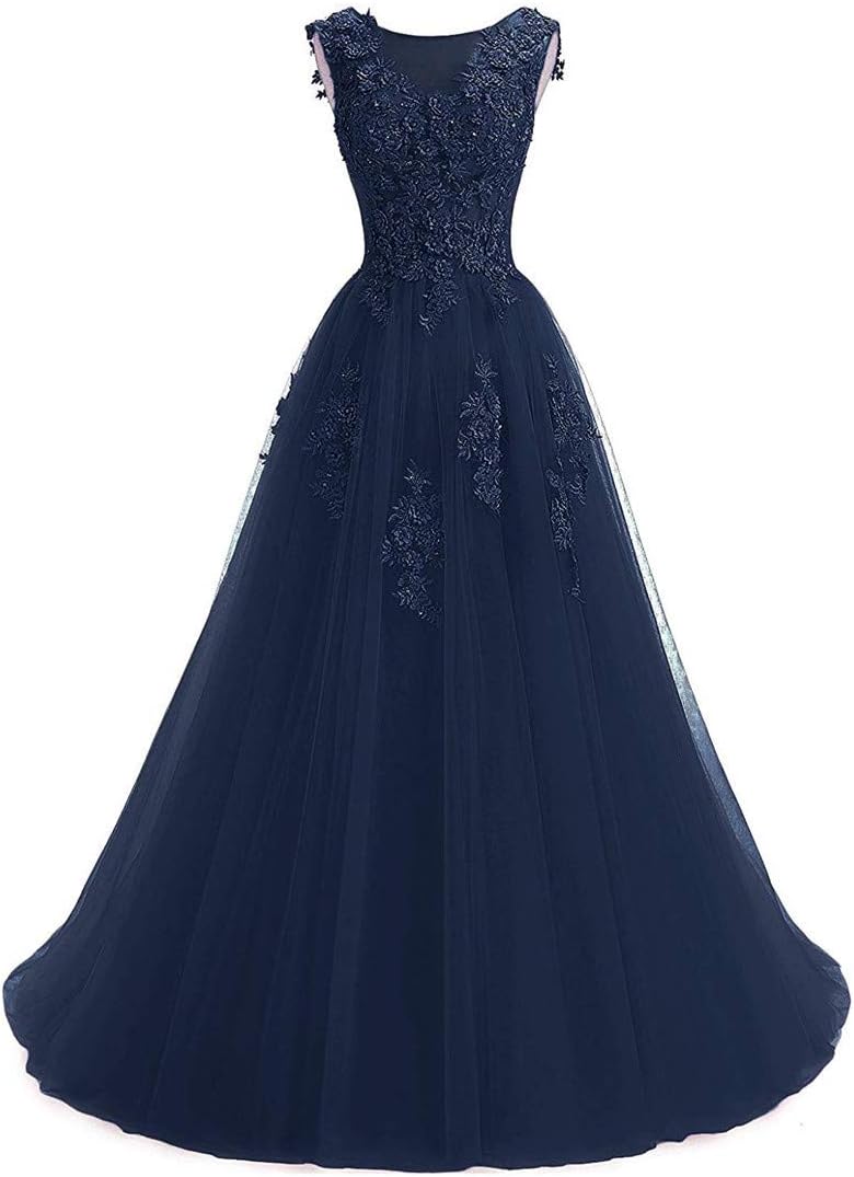 Ever Girl Women's Sweep Lace Appliques Scoop Collar Tulle A-Line Prom Dresses