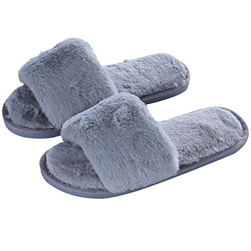 pestor Women's Plush Soft Open Toe House Clog Slippers Spa Slide Slipper Indoor Shoes (5-6, Grey)