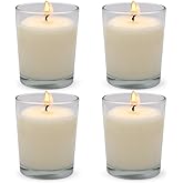 Set of 4 White Votive Candles, Clear Glass Filled Unscented Soy Wax Candle for Home Décor Weddings Spa Holidays Party and DIY
