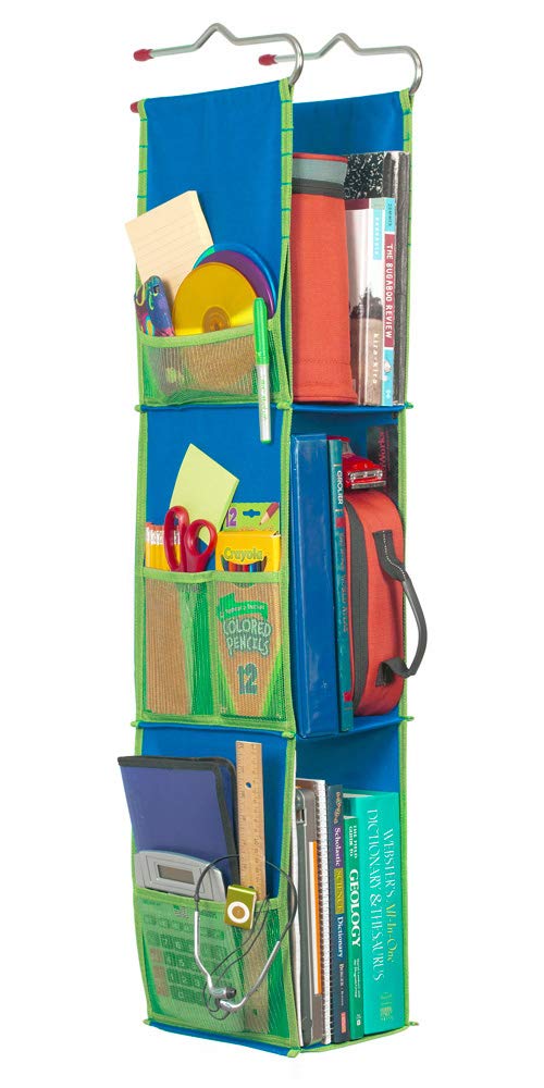 LockerWorks 3 Shelf Adjustable Hanging Organizer, Sturdy & Compact, 20-38" Tall x 6" Wide x 9" Deep, Shelves 12-14" Tall, Hangs from Shelf, Hooks or Rod to Create Storage Space. Royal Blue/Green Trim