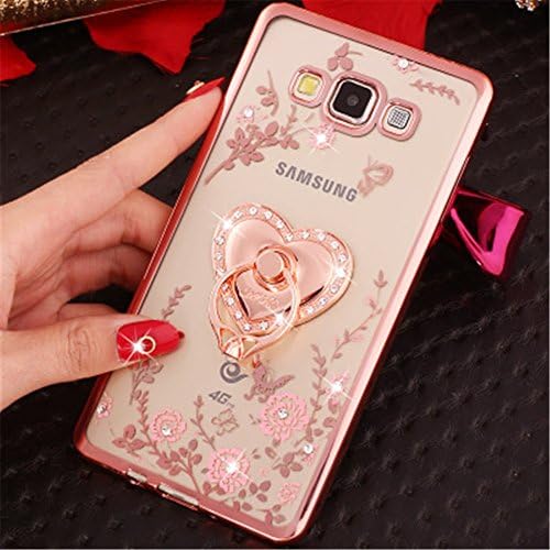 Galaxy C7 Case,Secret Garden Butterfly Floral Bling Swarovski Rhinestone Diamond Rotating Ring Stand Holder Case for Samsung Galaxy C7(Rose Gold-Pink Love)