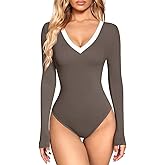 OQQ Women's Bodysuit Tops Contrast-Trim V Neck Long Sleeve Seamless Bodysuits