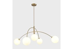 Flyrose Mid Century Modern Milk Glass Chandelier 5-Lights Gold White Globe Pendant Light Brushed Brass Sputnik Flush Mount Chandelier Nordic Dining Room Ceiling Light Fixture