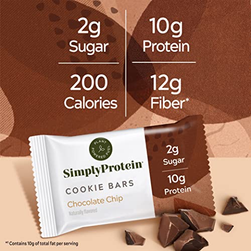 SIMPLYPROTEIN PLANT BASED CHOCOLATE CHIP COOKIE BARS, PACK OF 8, LOW SUGAR, LOW CARB PROTEIN BAR LIGHT, SOFT-BAKED TEXTURE