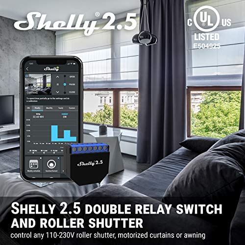Shelly 2.5 Double Relay Switch and Roller Shutter WiFi Open Source Wireless Home Automation Dual Power Metering iOS Android Application (1 Pack) +UL Certificate