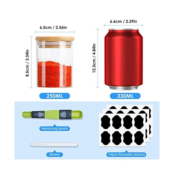 SAWAKE Glass Storage Jars with Bamboo Lids Silicone Ring Set of 12 (250ml) Small AirTight Kitchen Canister Jar Storage Container with Measuring Spoon for Spice Sugar Tea Coffee Beans Nuts Herbs Grains