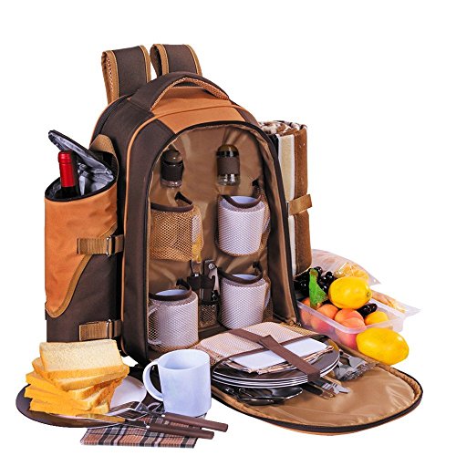 TAWA Picnic Backpack Bag for 4 Person With Cooler Compartment, Detachable Bottle/Wine Holder, Fleece Blanket, Plates and Cutlery (Coffee)