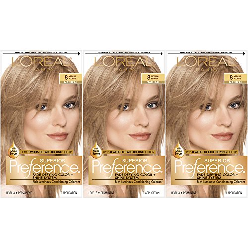 L’Oreal Paris Superior Preference Fade-Defying + Shine Permanent Hair Color, 8 Medium Blonde, Pack of 3, Hair Dye