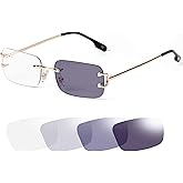 SDINM Photochromic Sunglasses for Men Women Rimless Clear Glasses Small Narrow Rectangle Lens