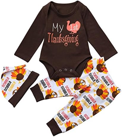 Feteso Newborn Infant Baby Girl Boy Thanksgiving Outfit Letter Print Romper Turkey Print Pant Hat Thanksgiving Clothes Set 3pc