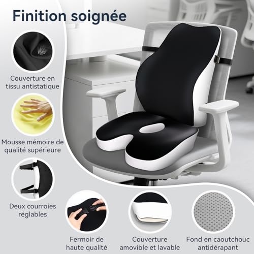 Travel Ease Memory Foam Seat Cushion and Lumbar Support Set, Ergonomic Comfort for Office Chair, Car Seat, Home and Travel, Back and Butt Cushion, Black