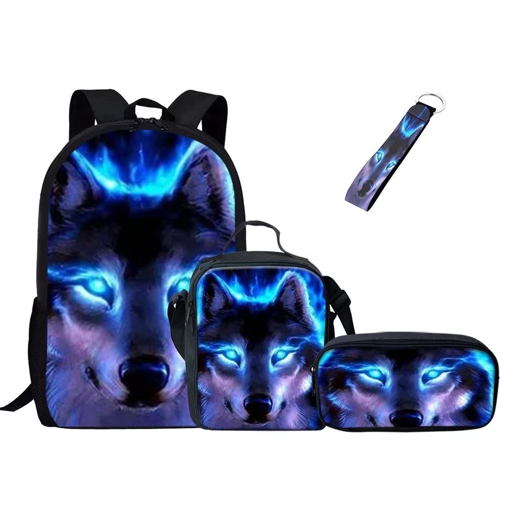 Jeiento Galaxy Wolf Boys Backpack Sets for School Backpack with Pencil Bag Lunch Tote Keychain 4pcs Set for Girls Primary School Bag Water Resistant