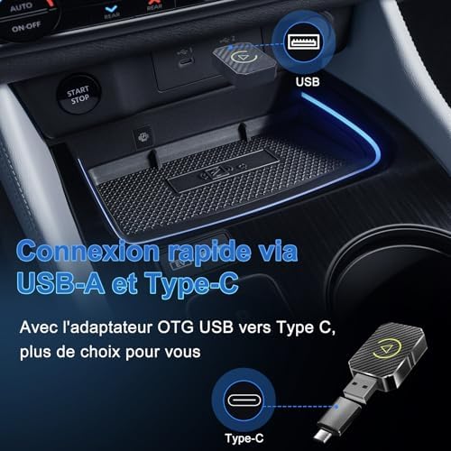 Adaptateur CarPlay sans Fil pour Apple iPhone, Adaptateur sans Fil carplay avec câble d'extension USB & USB-C/Type-C, Compatible avec Les Voitures à partir de 2016 et Phone iOS 10+