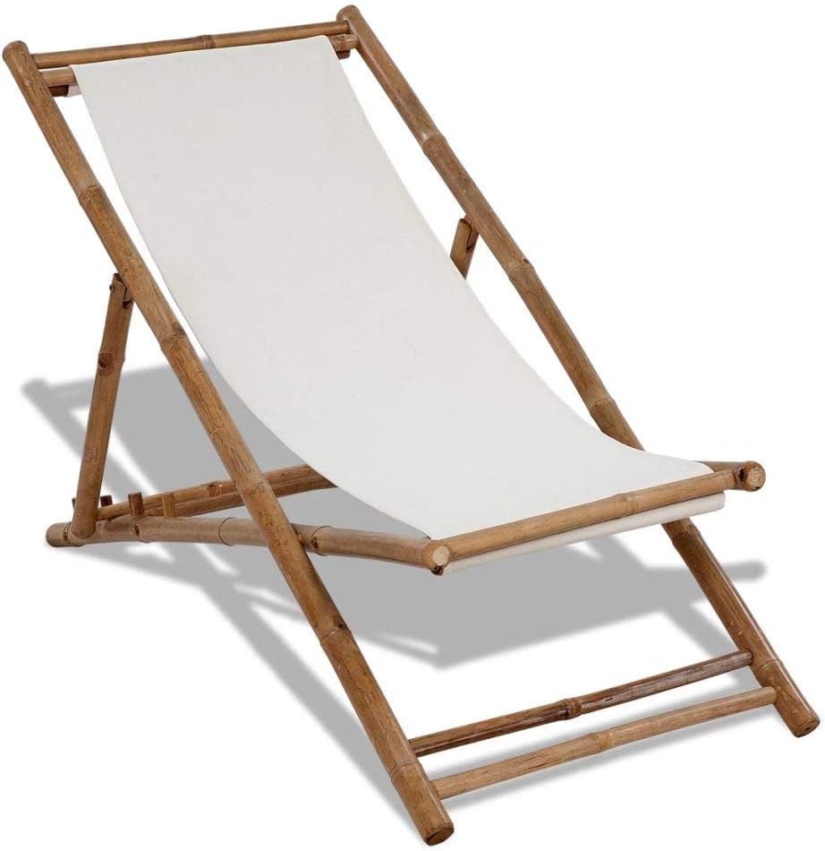 Fesjoy Lounge Chair Patio Folding Chaise Outdoor wood Garden Armchair Adjustable Lounger Recliner Chaise for Beach Yard Pool Bamboo Deck Chair with Canvas