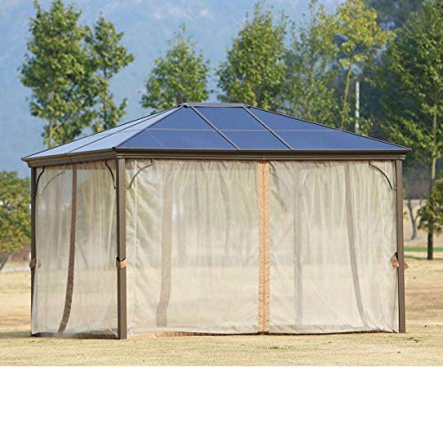 Outdoor Garden Gazebo 12 x 10 FT Patios Gazebo Beige Canopy Permanent PVC Hardtop Mosquito Netting, Front Porch