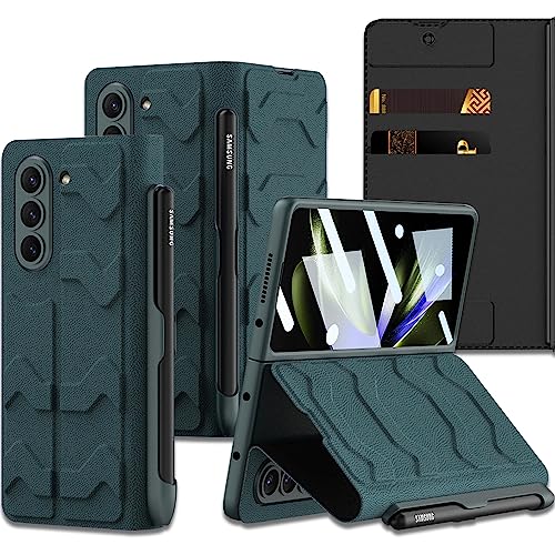 NINKI Leather for Galaxy Z Fold 5 Stand Case with Card Slot & Screen Protector,360° Full Body Hinge Leather Cover for Galaxy Z Fold 5 Phone Case 5G Men,Green