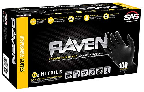 SAS Safety 66518 Raven Powder-Free Disposable Black Nitrile 6 Mil Gloves, Large, 100 Gloves by Weight - 2 Pack