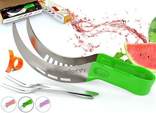 Vellostar Watermelon Slicer Corer Cutter Tongs and Server Set, with ss304 Serving Fork &amp; Orange Peeler, Kitchen-Grade 304 Stainless Steel, Ergonomic Handle, Watermelon Knife, Green