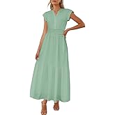 LUXVEER Women Summer Maxi Dress 2025 Cap Sleeve V Neck Button Casual Loose Ruffle Tiered A-Line Long Flowy Beach Sundress