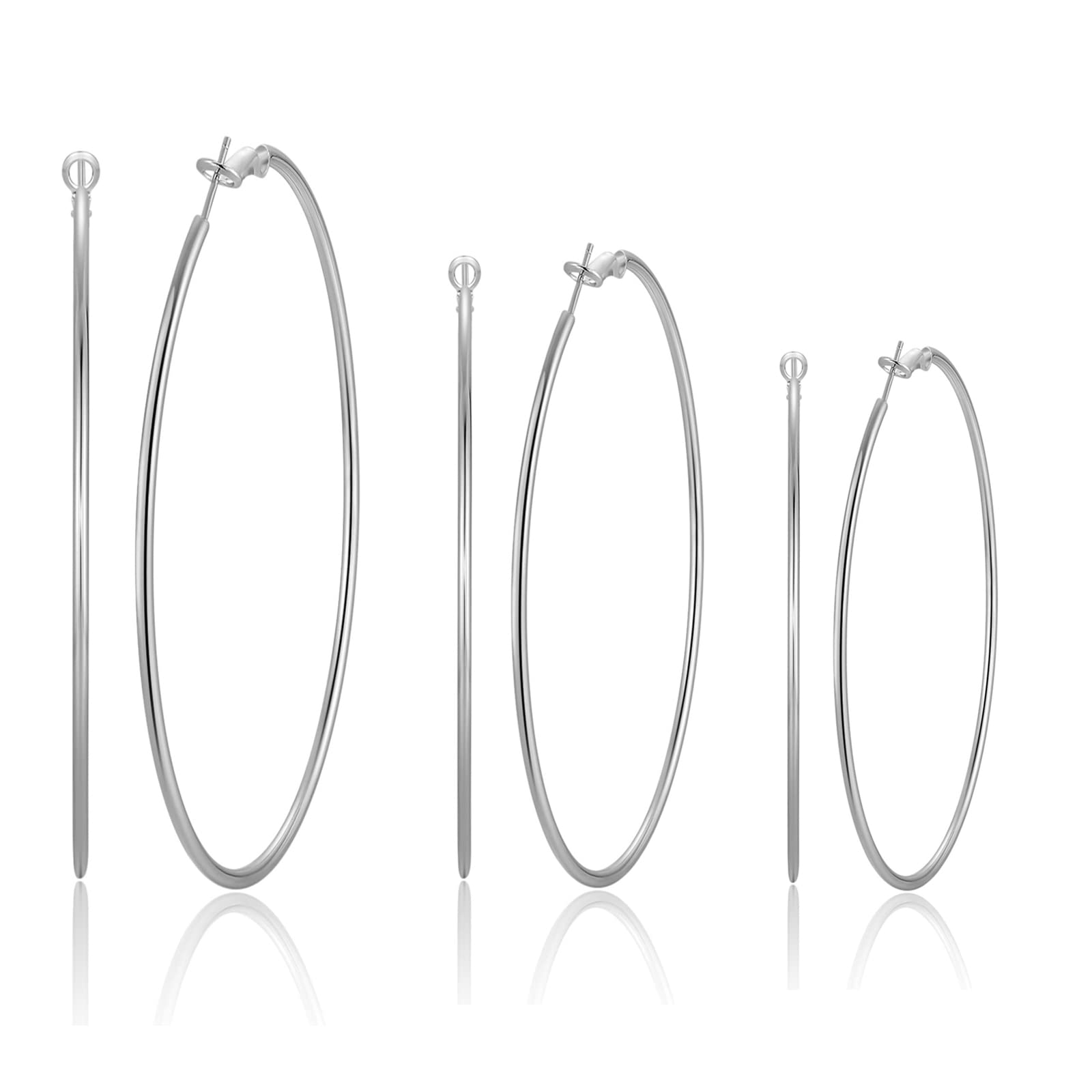 3 Pairs Silver Hoop Earrings- 14k White Gold Plated 925 Sterling Silver Hoop Earrings for Women Girls Gifts Valentine's Day Gifts(40mm 50mm 60mm) — image 1