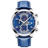 BENYAR Fashion Watches Quartz Chronograph Waterproof Blue Casual Sport Wrist Leather Band Watch For Men (Blue)