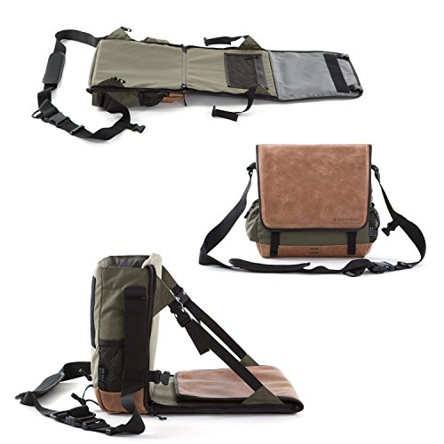 EVENaBAG Sitztasche, ausklappbarer Liegematte und aufhängebarem Kulturbeutel in Olivgrün | Echtleder Schultertasche für Herren & Damen
