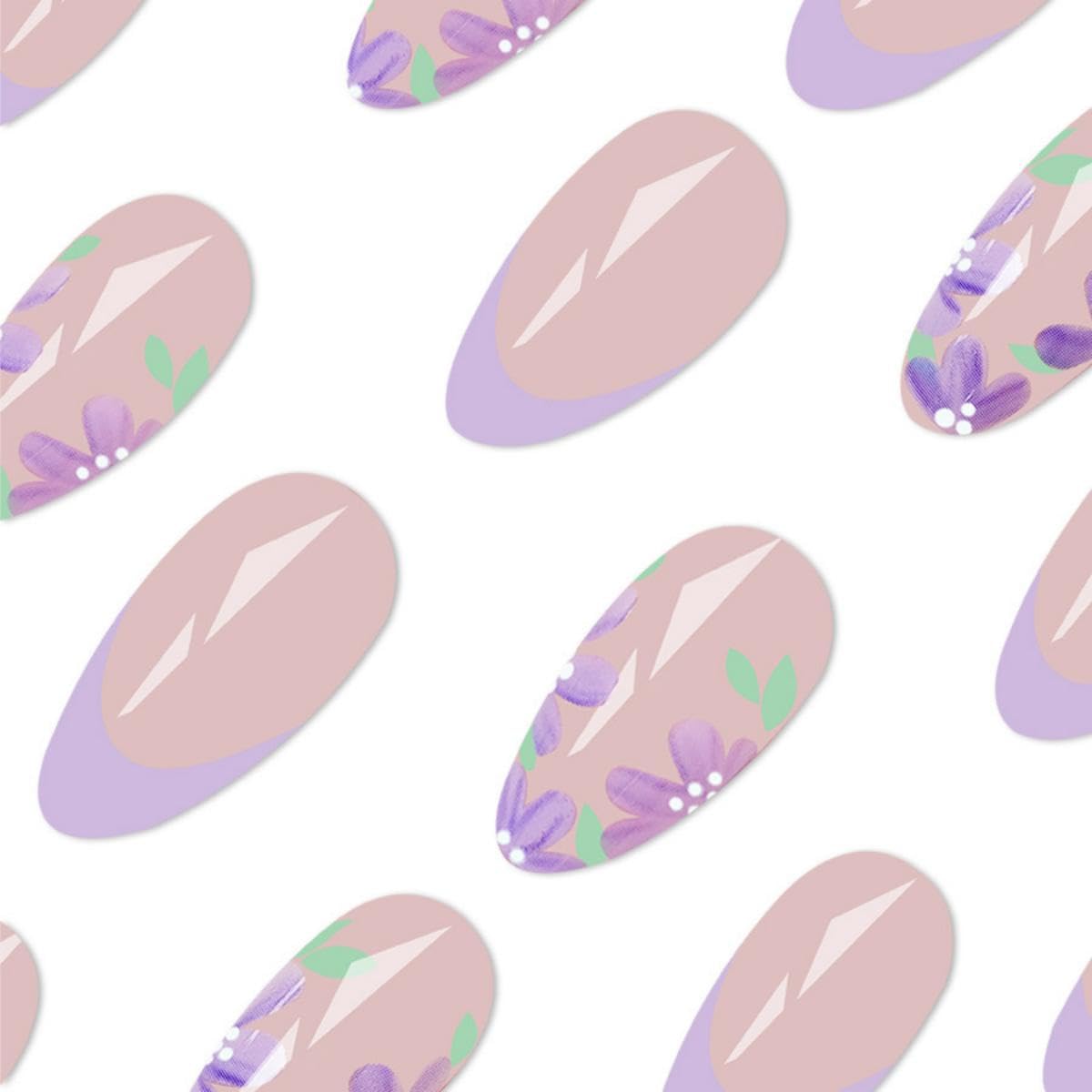Purple French tips Press on Nails Medium Almond Fake Nails with Design Lilac Flower Glue on Nails Glossy Spring Nails Reusable Summer False Nails for Women Girls Manicure 24pcs - Image 3