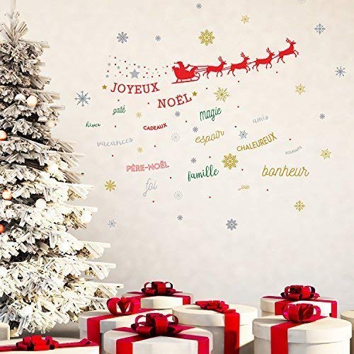 Wallflexi Christmas Decorations Wall Stickers " Christmas Reindeer with French Quotes " Wall Murals Decals Living Room Children Nursery School Restaurant Cafe Hotel Home Office Décor, Multicolour