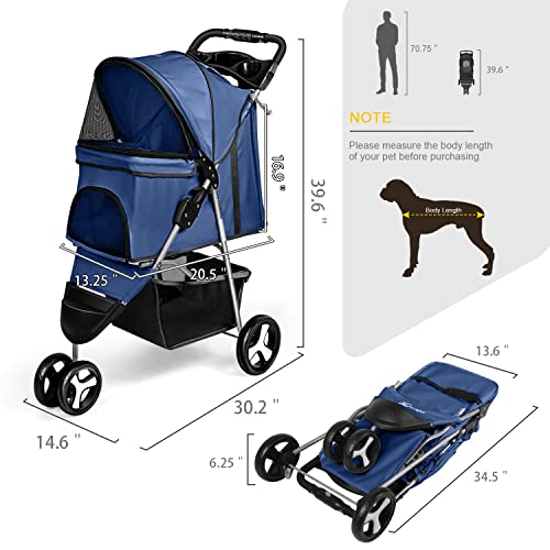 Wedyvko Pet Stroller, 3 Wheel Foldable Cat Dog Stroller with Storage