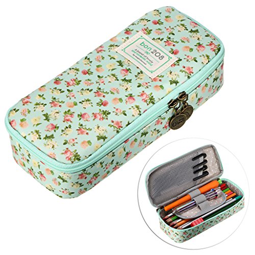 BTSKY Cute Pencil Case - High Capacity Floral Pencil Pouch Stationery Organizer Multifunction Cosmetic Makeup Bag, Perfect Holder for Pencils and Pens (Light Blue)