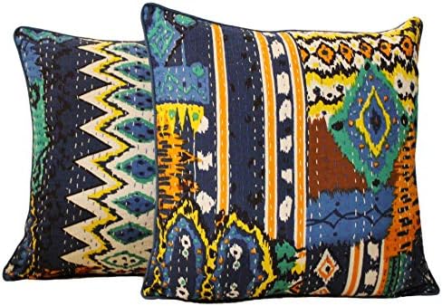 AGASVI Cotton Teal Ikat Multi Color Kantha Embroidery Cushion Covers 18"X18" Set of 2
