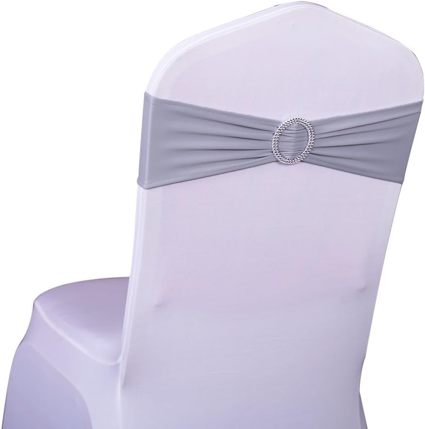 SINSSOWL 10PC Stretch Elastic Slider Chair Cover Band with Buckle for Wedding Decor Bow Lycra Chair Sashes-(Silver Grey)