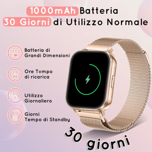 Women's Smartwatch, 1.85 Inches HD Watch 30+ Tage Autarkiezeit Telefonfunktion mit Herzfrequence/SpO2/Schlaf Monitor 120+ Sportmodi Schrittzähler Fitness Smart Watch for iOS Android, Roségold/1000mAh