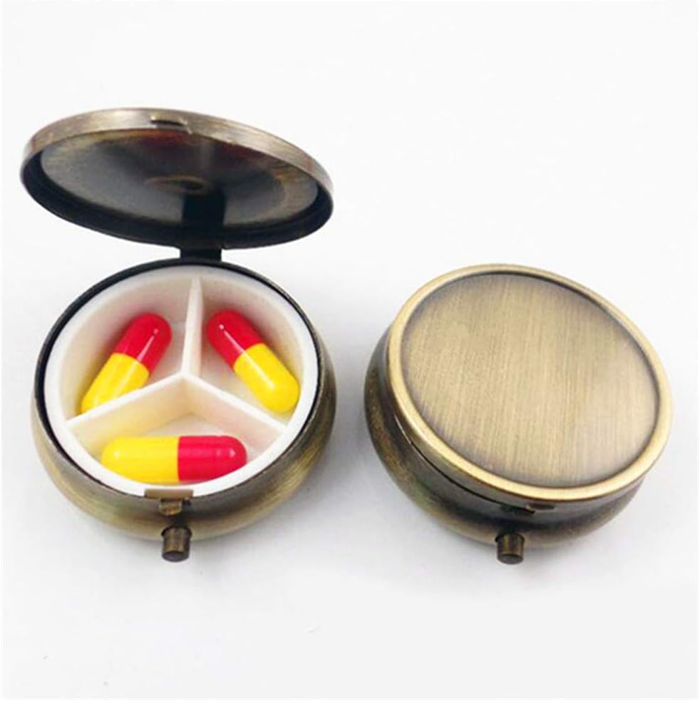 4 PCS Vintage Bronze Pill Organizers,Portable Round Pill Box Metal